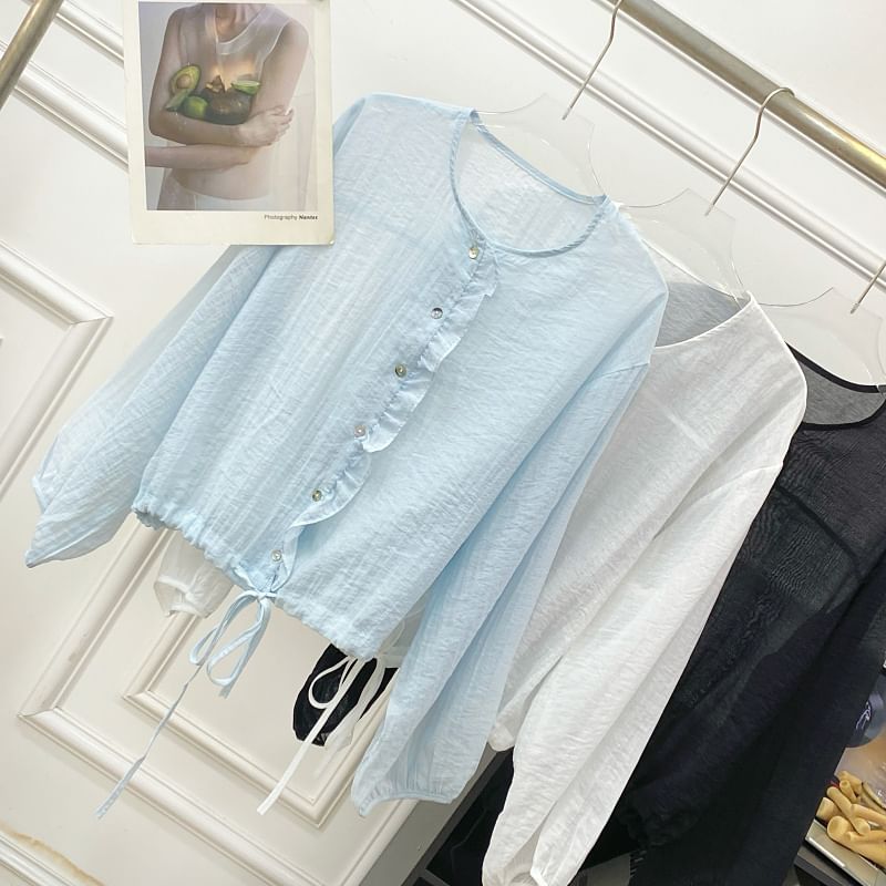 Drawstring Button-Up Blouse with Ruffled Puff Sleeves