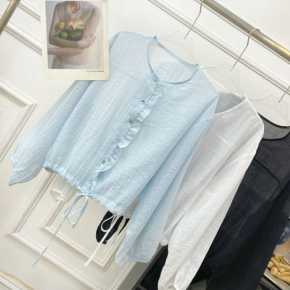 Drawstring Button-Up Blouse with Ruffled Puff Sleeves