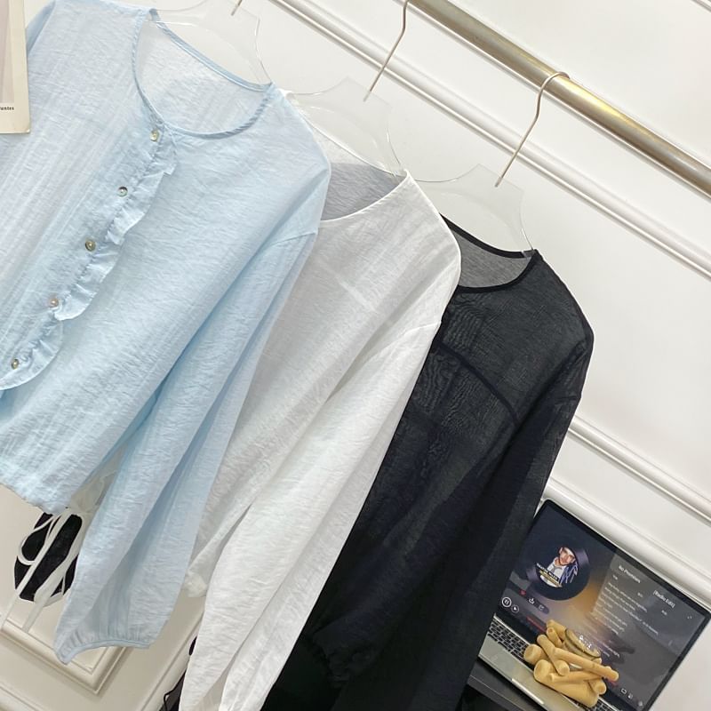 Drawstring Button-Up Blouse with Ruffled Puff Sleeves
