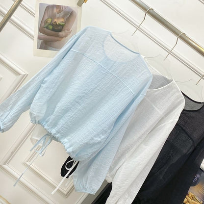 Drawstring Button-Up Blouse with Ruffled Puff Sleeves