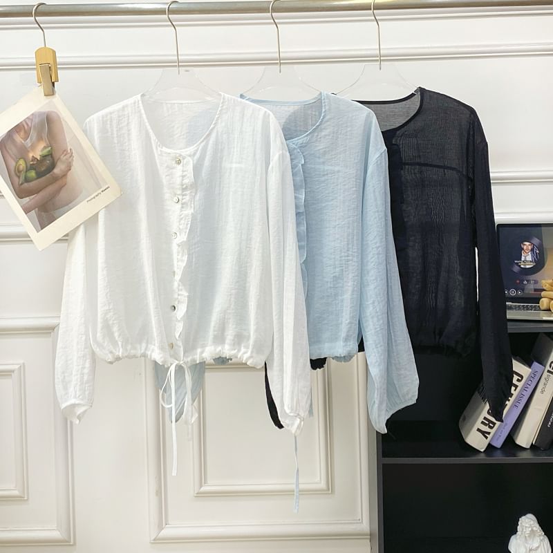 Drawstring Button-Up Blouse with Ruffled Puff Sleeves