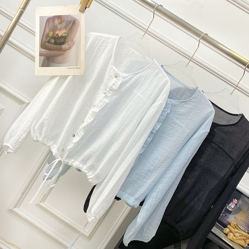 Drawstring Button-Up Blouse with Ruffled Puff Sleeves
