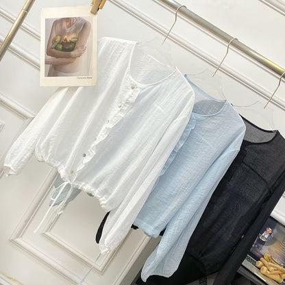 Drawstring Button-Up Blouse with Ruffled Puff Sleeves