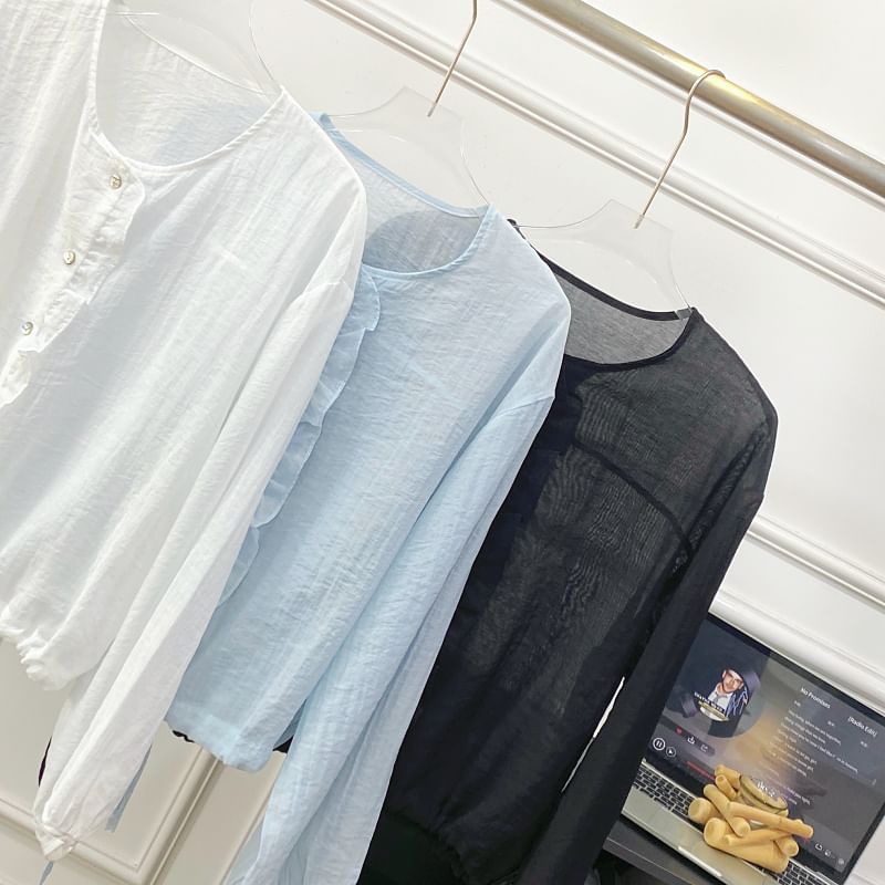 Drawstring Button-Up Blouse with Ruffled Puff Sleeves