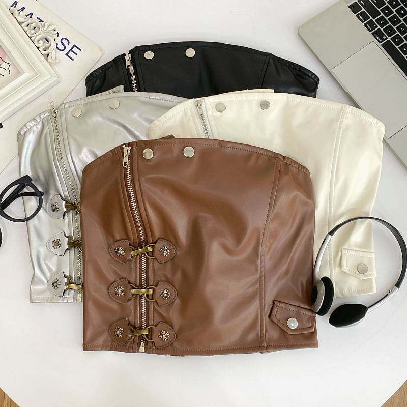 Faux Leather Asymmetric Zip-Up Buckled Tube Top