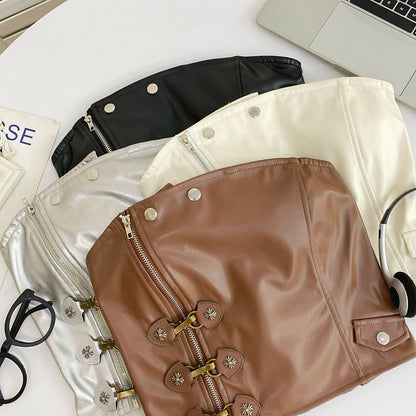 Faux Leather Asymmetric Zip-Up Buckled Tube Top