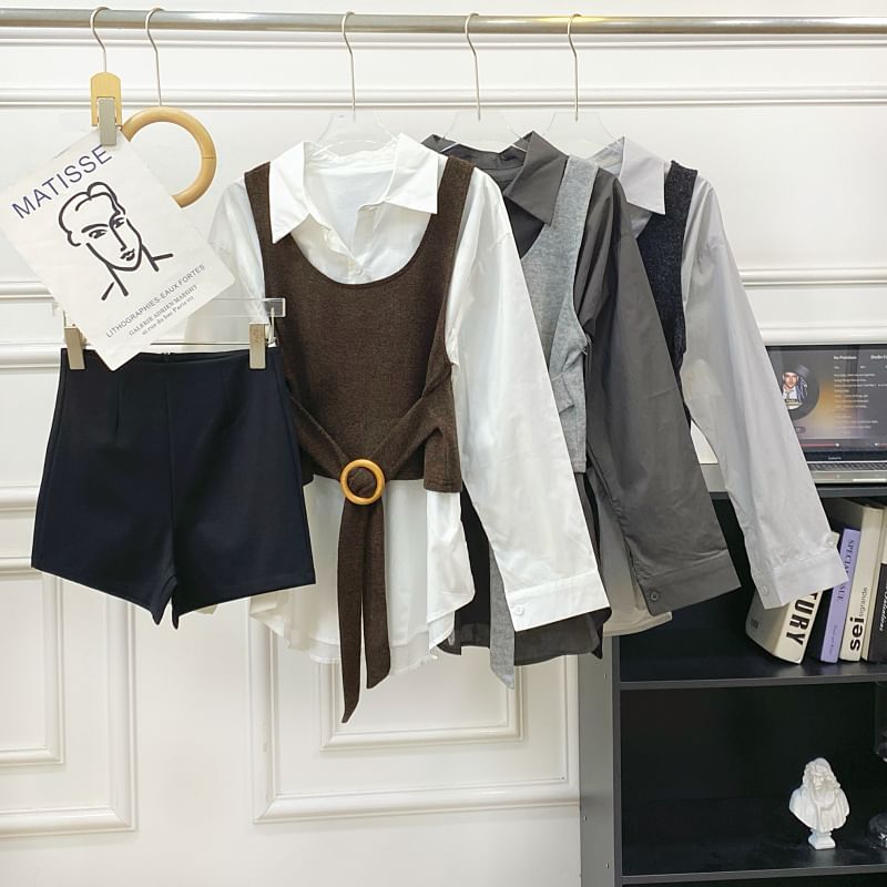 Long-Sleeve Solid Button-Up Shirt and Buckled Tank Top Set