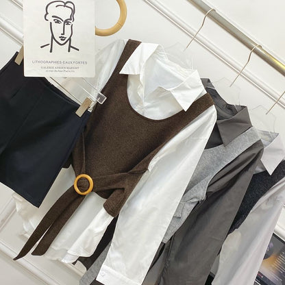Long-Sleeve Solid Button-Up Shirt and Buckled Tank Top Set