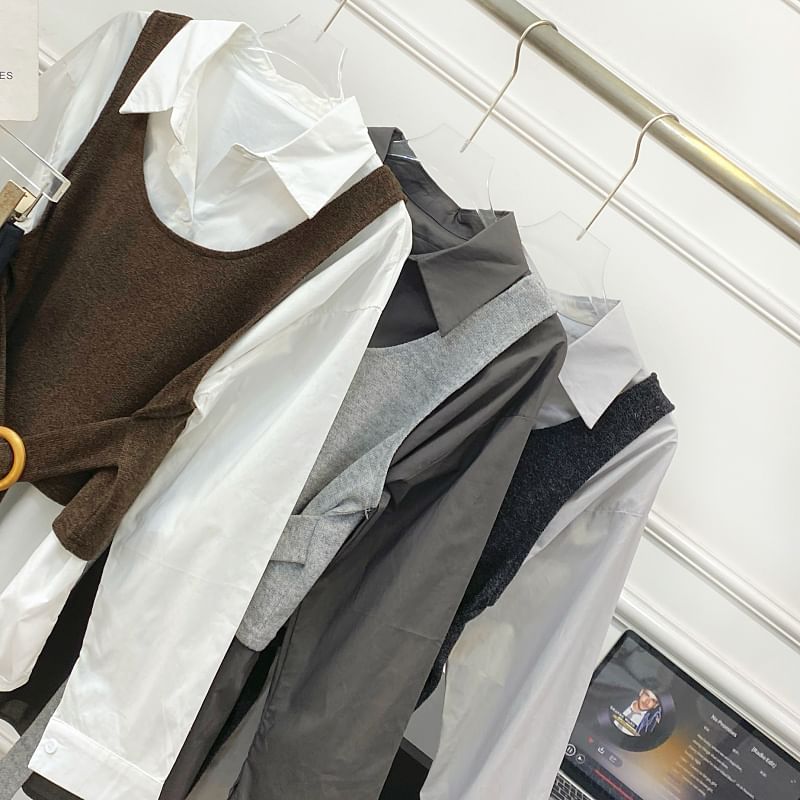 Long-Sleeve Solid Button-Up Shirt and Buckled Tank Top Set