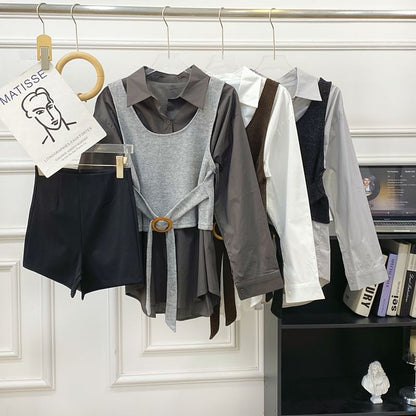 Long-Sleeve Solid Button-Up Shirt and Buckled Tank Top Set
