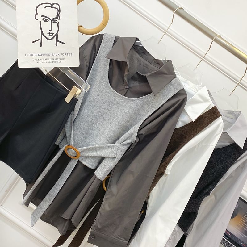 Long-Sleeve Solid Button-Up Shirt and Buckled Tank Top Set