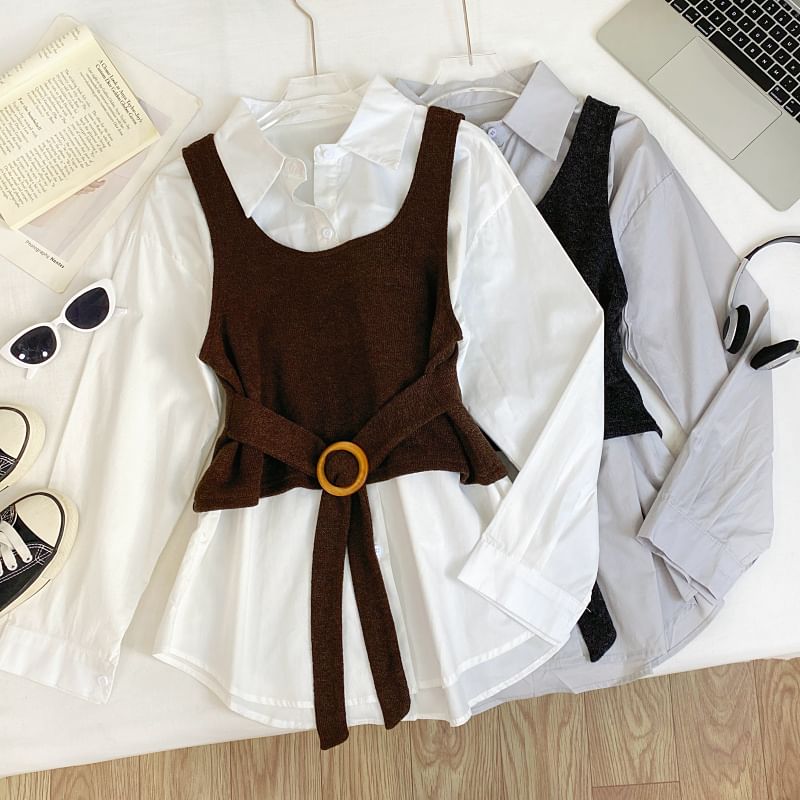 Long-Sleeve Solid Button-Up Shirt and Buckled Tank Top Set