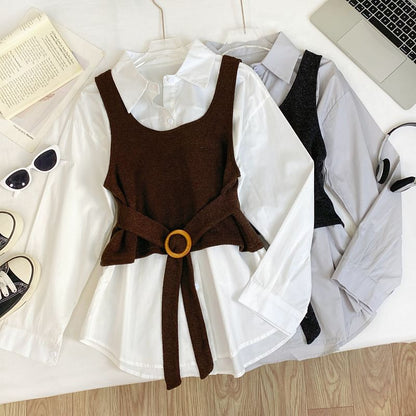 Long-Sleeve Solid Button-Up Shirt and Buckled Tank Top Set