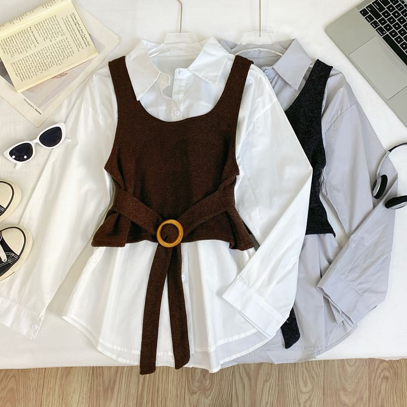 Long-Sleeve Solid Button-Up Shirt and Buckled Tank Top Set