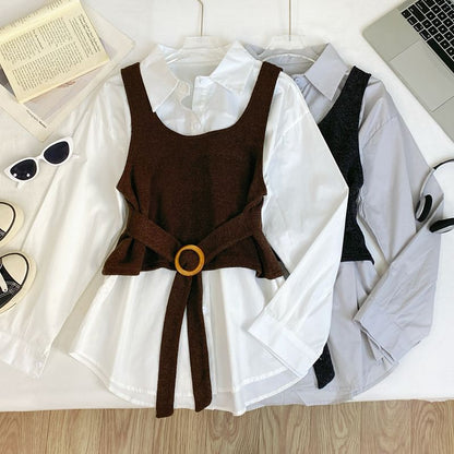 Long-Sleeve Solid Button-Up Shirt and Buckled Tank Top Set