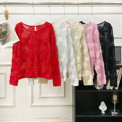 Crew-Neck Sequined Long-Sleeve Blouse