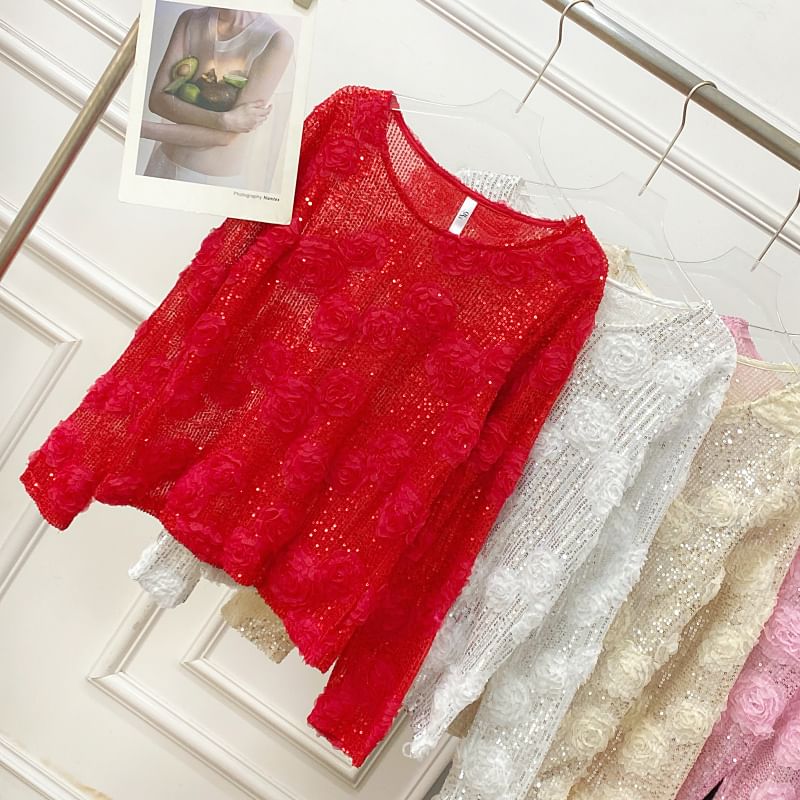 Crew-Neck Sequined Long-Sleeve Blouse