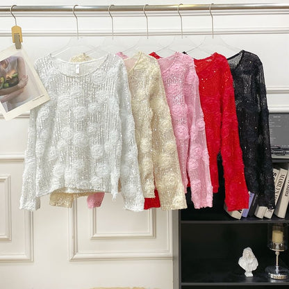 Crew-Neck Sequined Long-Sleeve Blouse