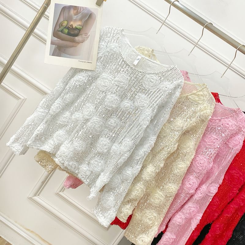 Crew-Neck Sequined Long-Sleeve Blouse