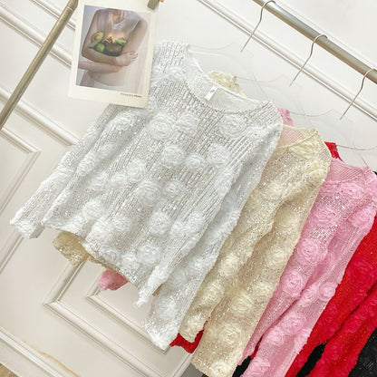 Crew-Neck Sequined Long-Sleeve Blouse