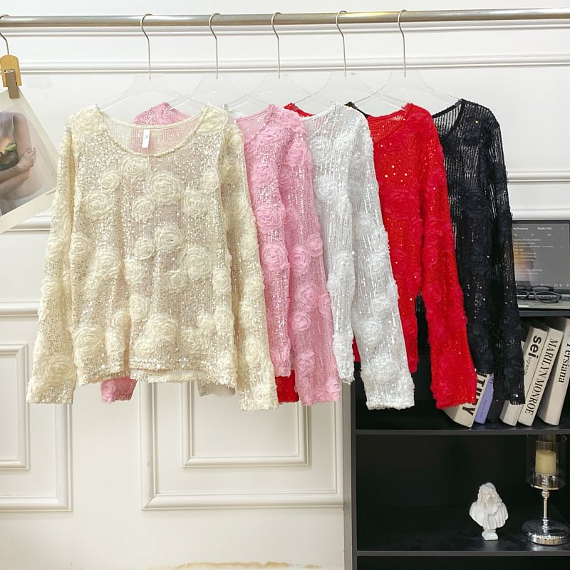 Crew-Neck Sequined Long-Sleeve Blouse