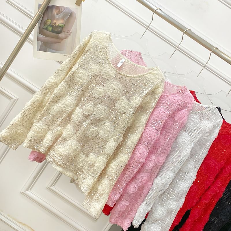 Crew-Neck Sequined Long-Sleeve Blouse