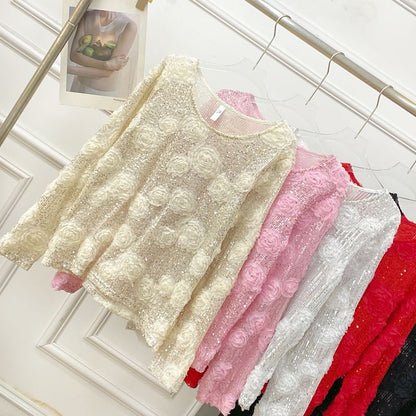 Crew-Neck Sequined Long-Sleeve Blouse