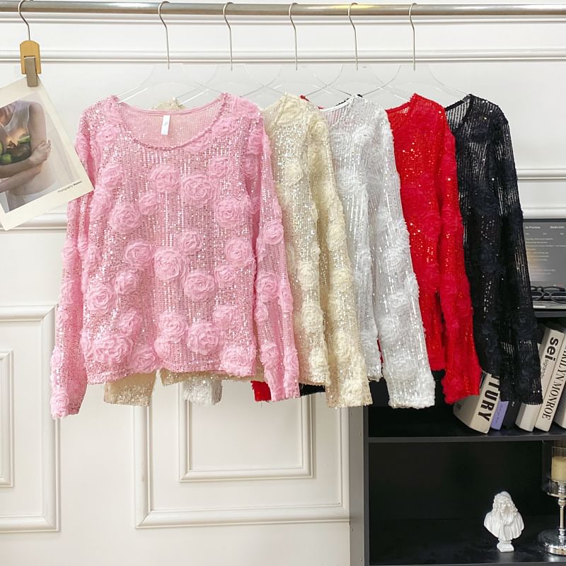 Crew-Neck Sequined Long-Sleeve Blouse