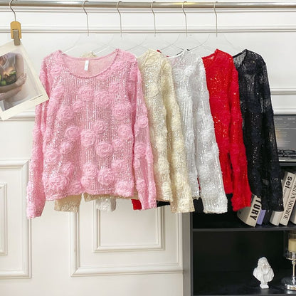 Crew-Neck Sequined Long-Sleeve Blouse
