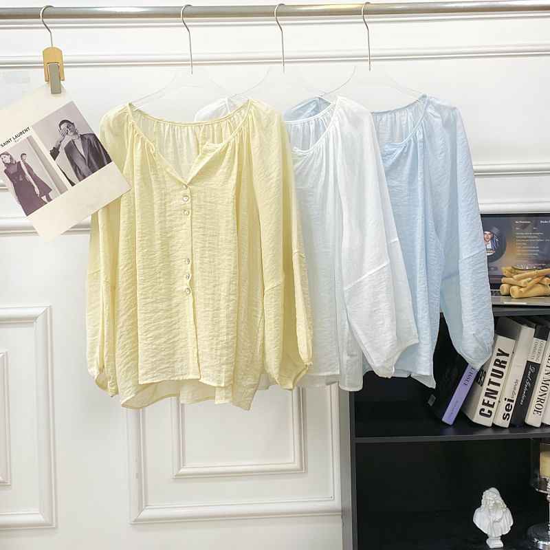 V-Neck Button-Up Blouse with Puff Sleeves