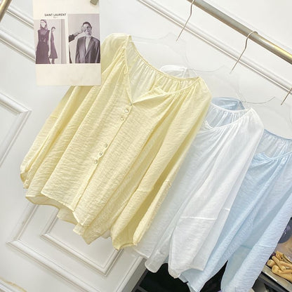 V-Neck Button-Up Blouse with Puff Sleeves