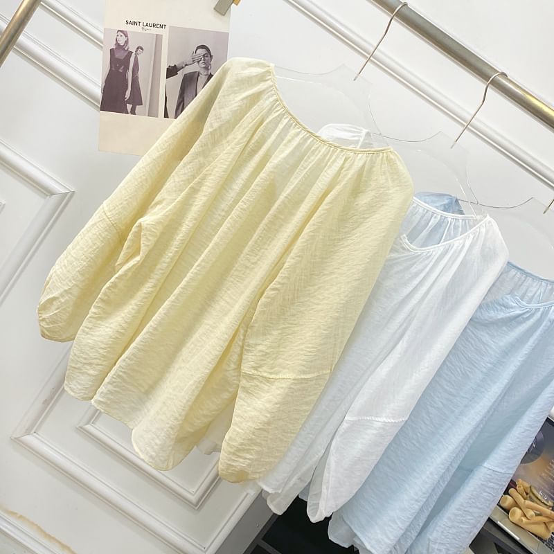 V-Neck Button-Up Blouse with Puff Sleeves