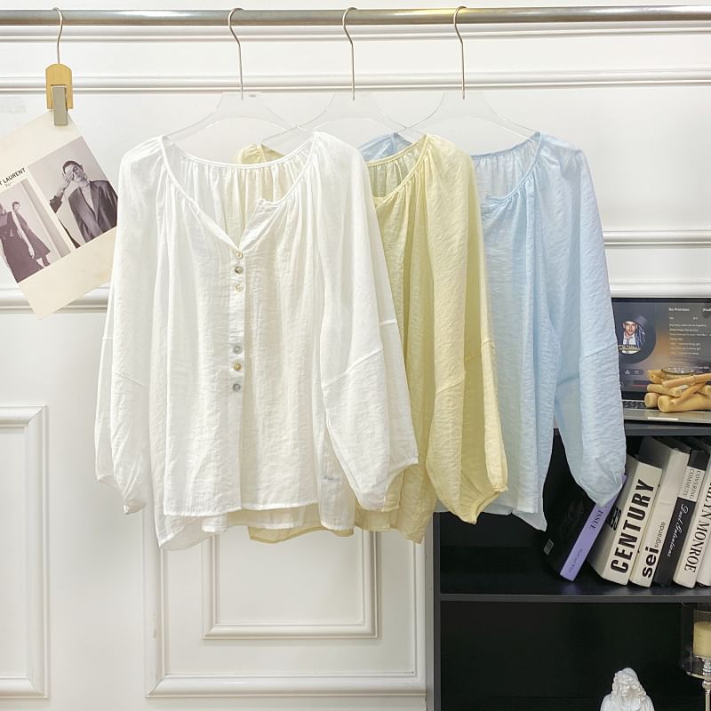 V-Neck Button-Up Blouse with Puff Sleeves