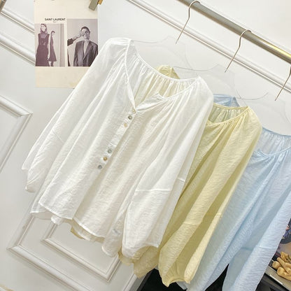 V-Neck Button-Up Blouse with Puff Sleeves