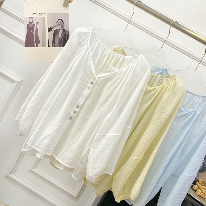 V-Neck Button-Up Blouse with Puff Sleeves