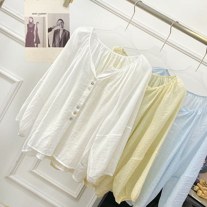 V-Neck Button-Up Blouse with Puff Sleeves
