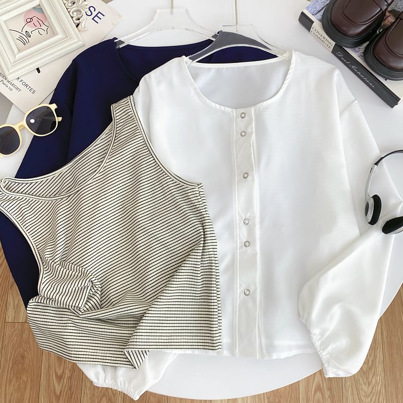 Striped Tank Top and Puff-Sleeve Solid Button-Up Blouse Set