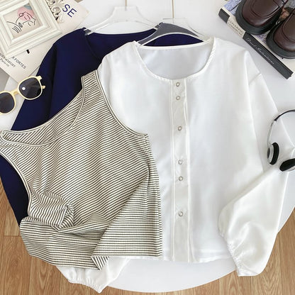 Striped Tank Top and Puff-Sleeve Solid Button-Up Blouse Set