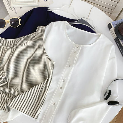 Striped Tank Top and Puff-Sleeve Solid Button-Up Blouse Set