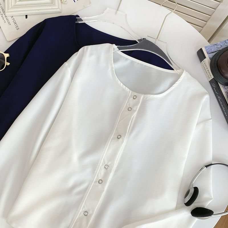 Striped Tank Top and Puff-Sleeve Solid Button-Up Blouse Set