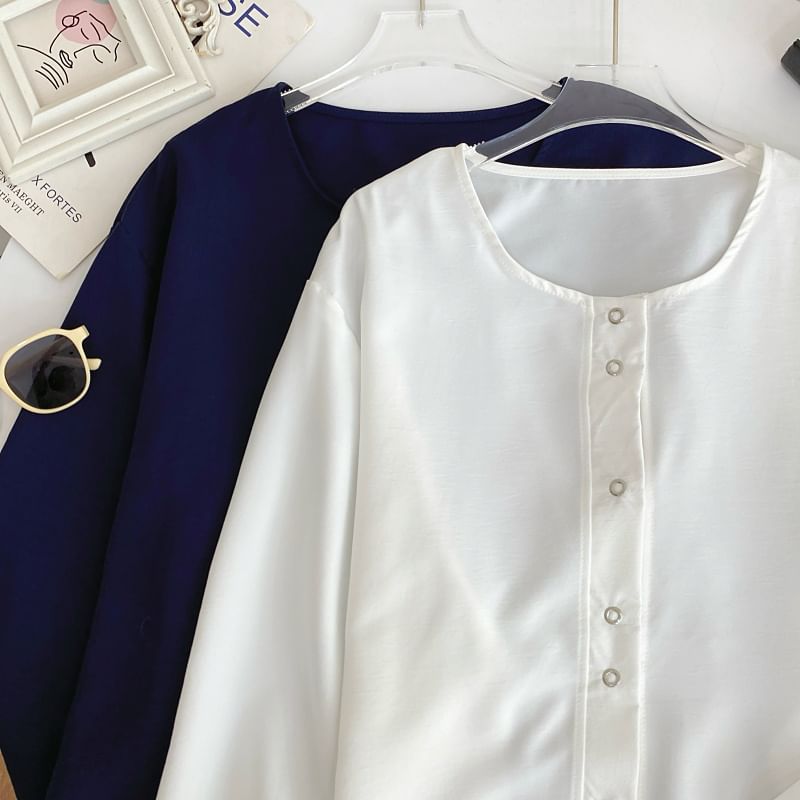 Striped Tank Top and Puff-Sleeve Solid Button-Up Blouse Set
