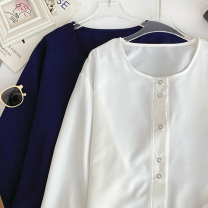 Striped Tank Top and Puff-Sleeve Solid Button-Up Blouse Set