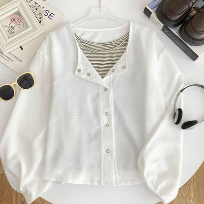 Striped Tank Top and Puff-Sleeve Solid Button-Up Blouse Set