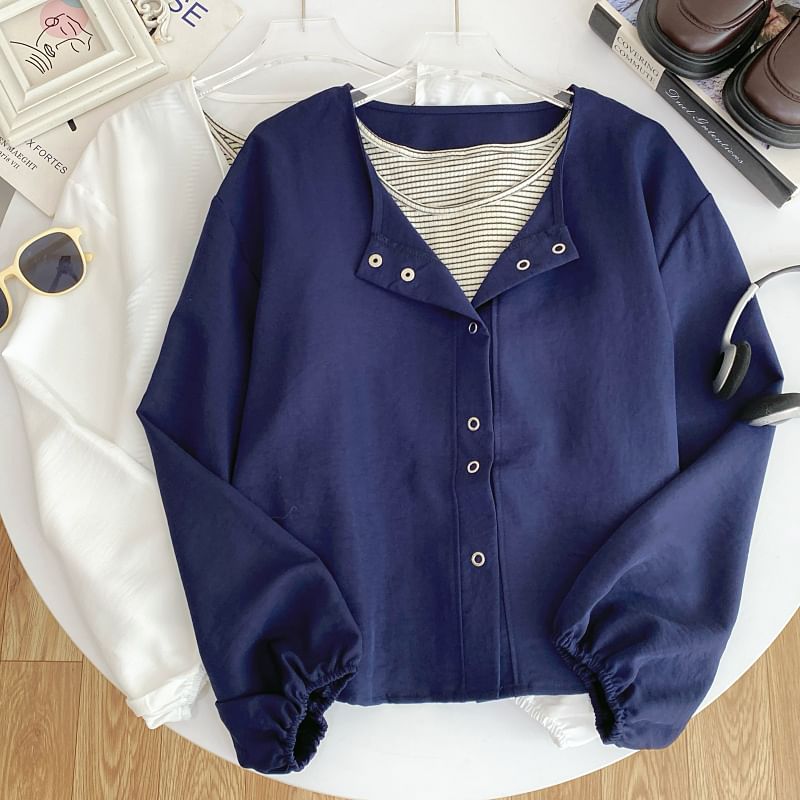 Striped Tank Top and Puff-Sleeve Solid Button-Up Blouse Set