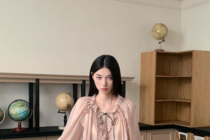 Puff-Sleeve Solid Lace-Up Blouse with Ruffled Details
