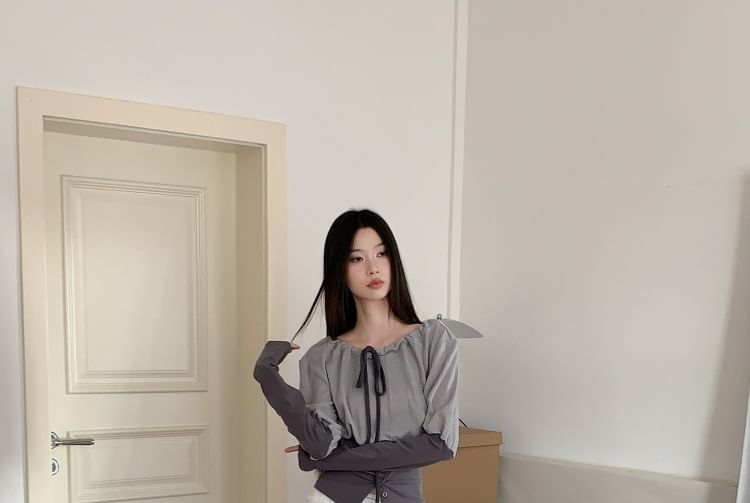 Mock Two-Piece Two-Tone Drawstring Slit T-Shirt with Puff Sleeves