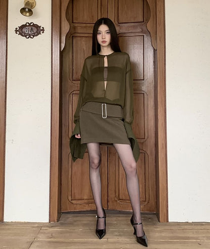 Bandeau with High-Waist Pencil Skirt and Cutout Puff-Sleeve Blouse Set