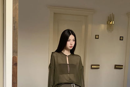 Bandeau with High-Waist Pencil Skirt and Cutout Puff-Sleeve Blouse Set