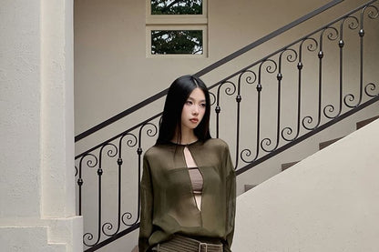 Bandeau with High-Waist Pencil Skirt and Cutout Puff-Sleeve Blouse Set