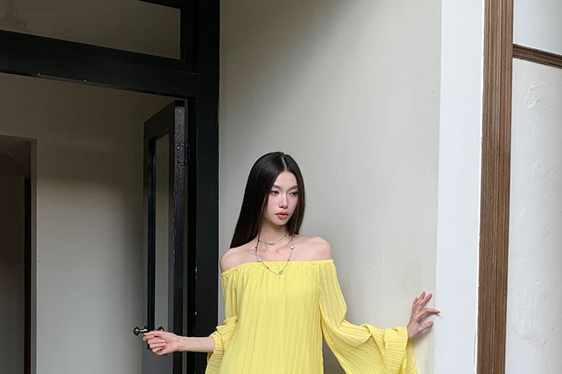 Off-Shoulder Flared-Cuff Solid Blouse and High-Waist Maxi Skirt